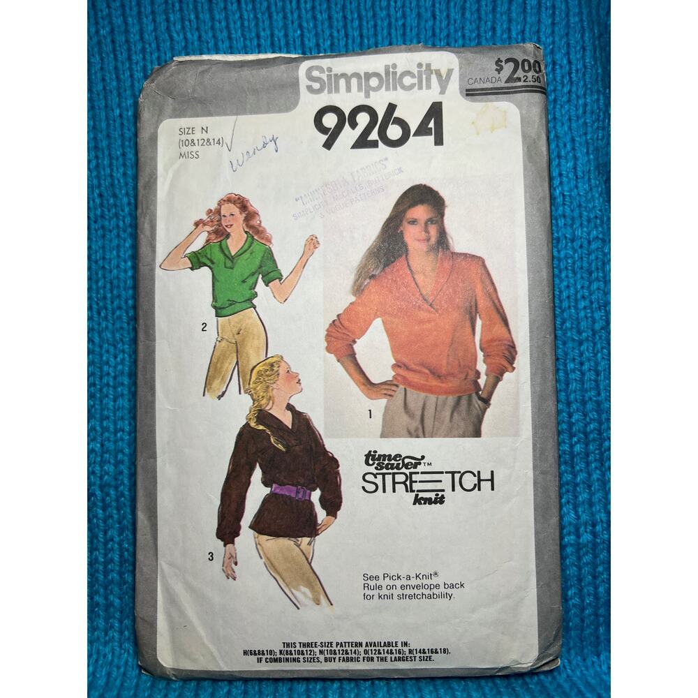 Simplicity Sewing pattern 9264 knit top shawl collar 1980s size 10 12 14